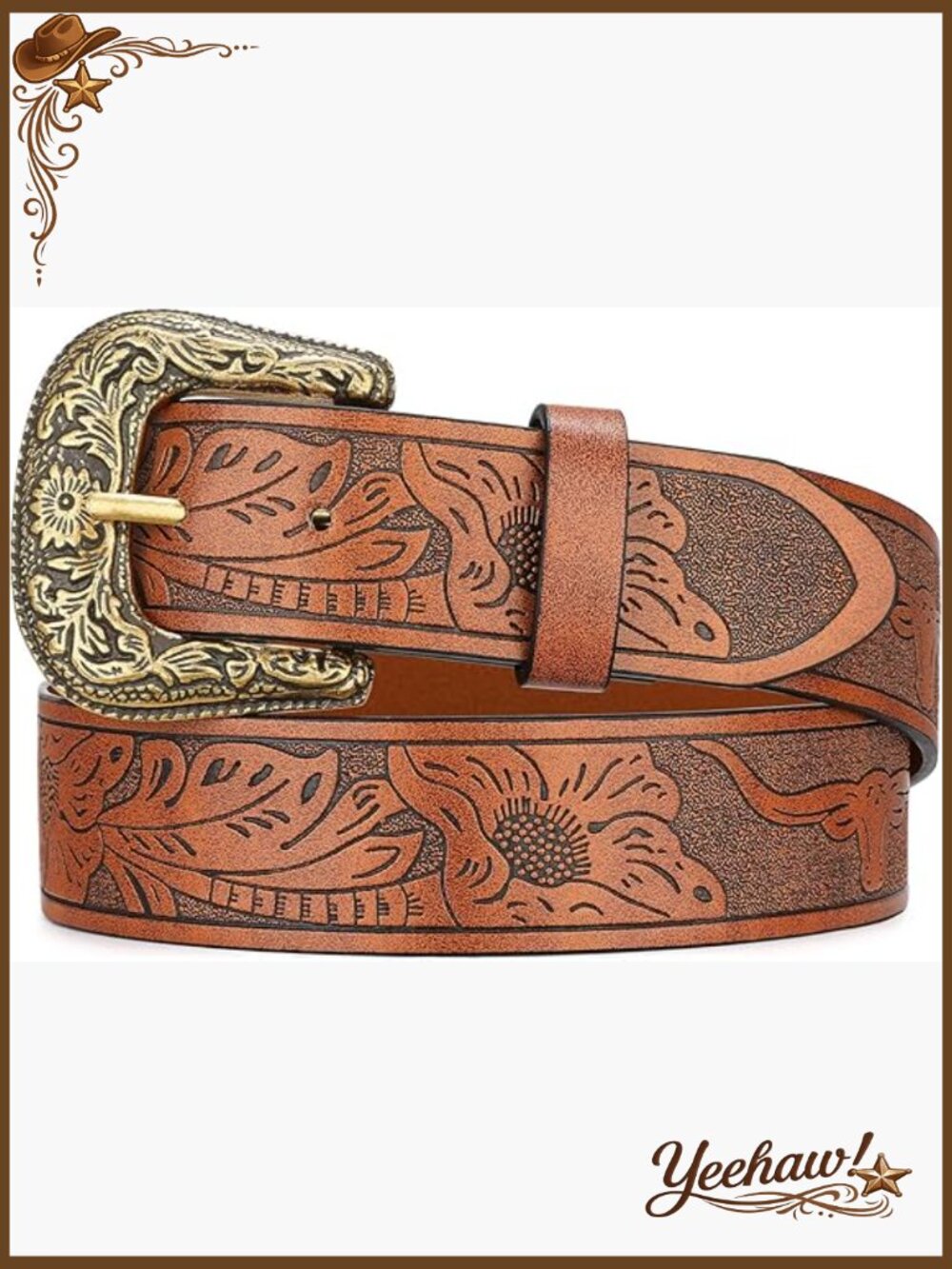 Vintage Western Cowgirl Belt with Engraved Buckle - PU Leather